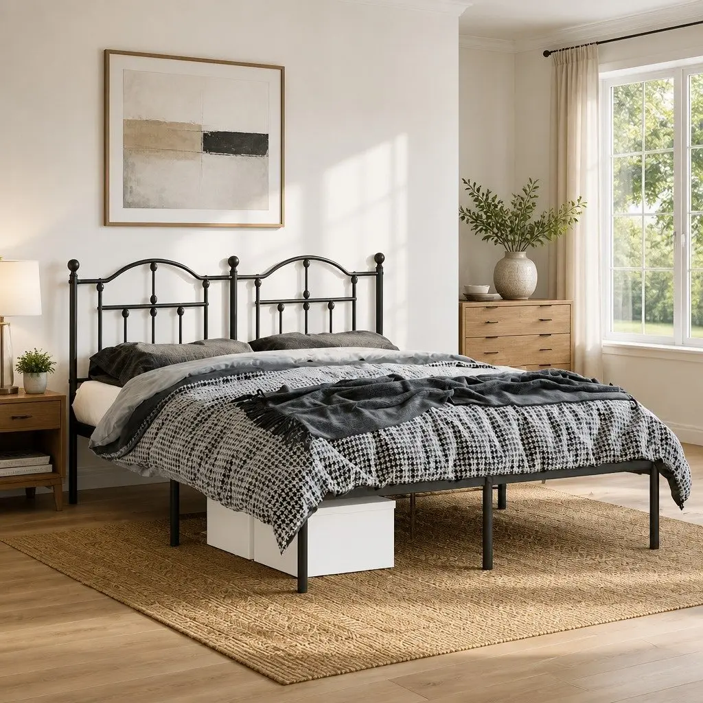 Metal Bed Frame 150x200 cm with Headboard Black Steel Bedroom Furniture