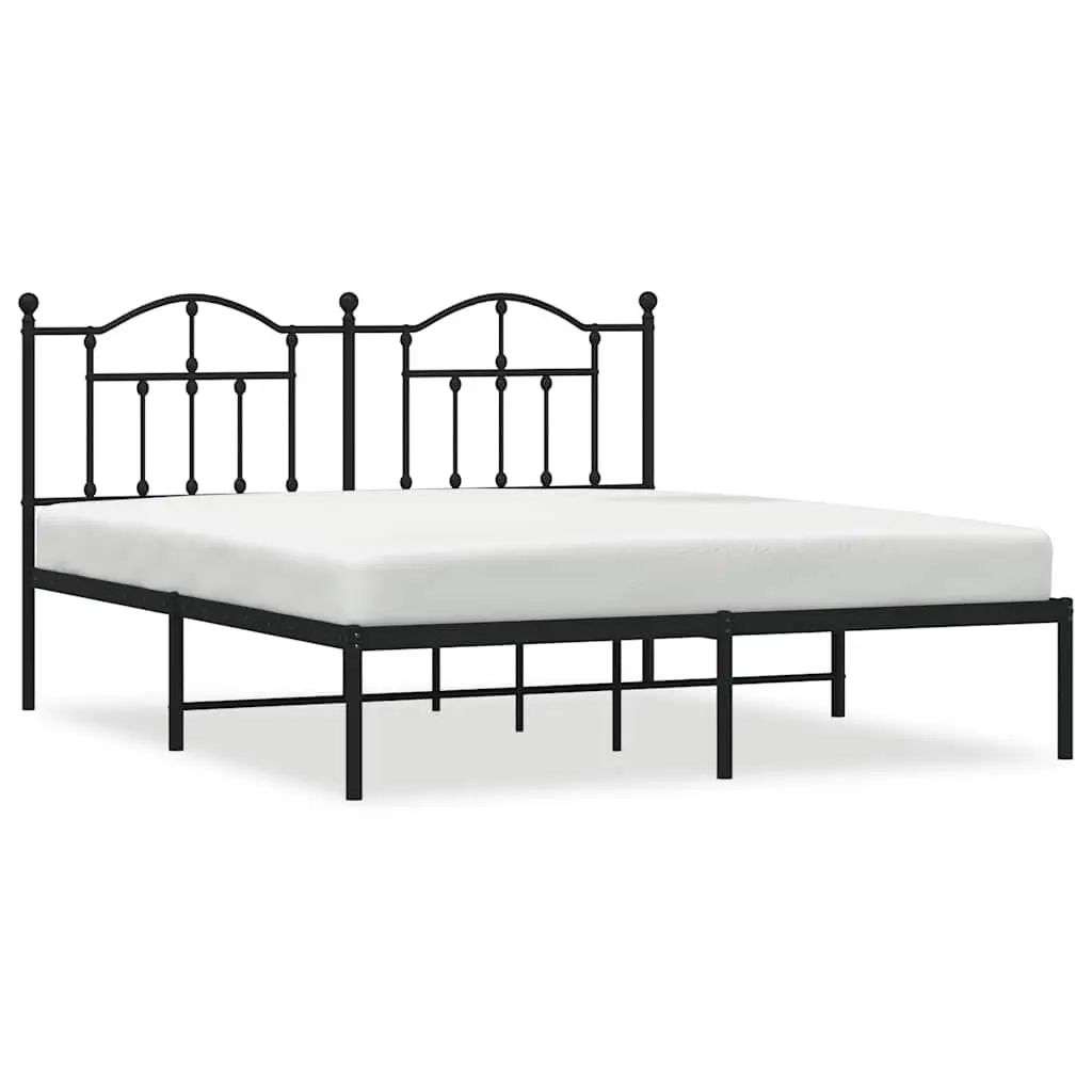 King Metal Bed Frame with Headboard, Slatted Base, Black