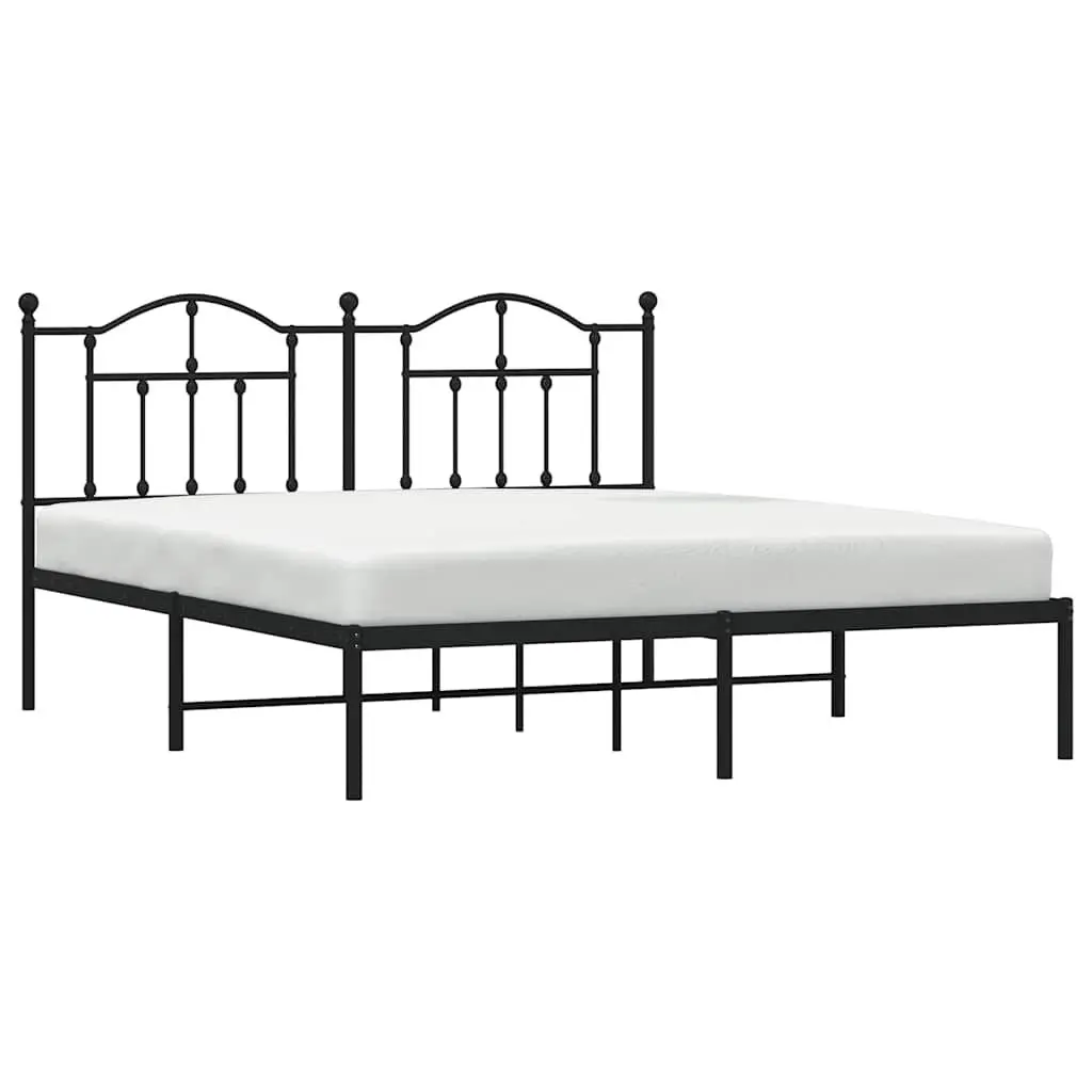 King Metal Bed Frame with Headboard, Slatted Base, Black