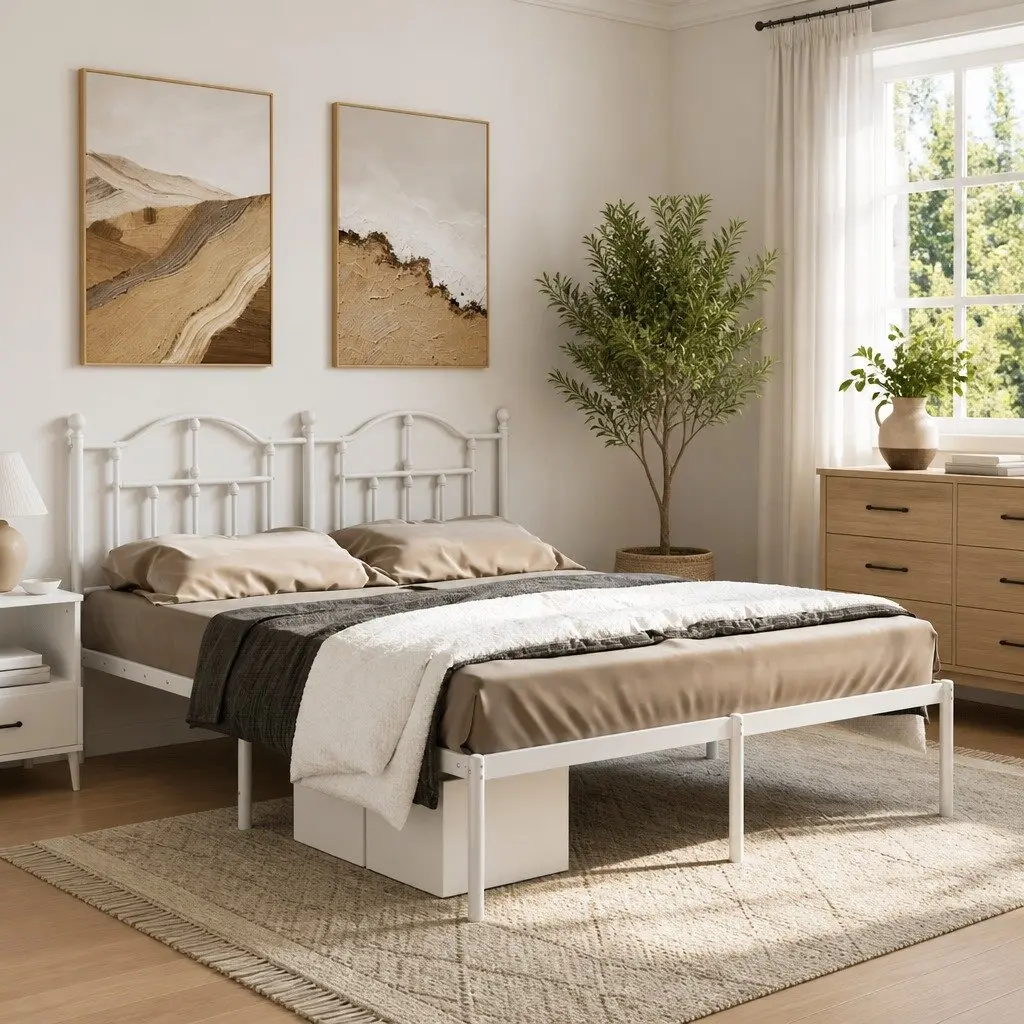 White Metal Bed Frame 135x190 cm with Headboard