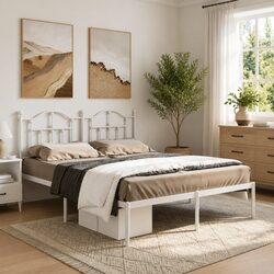 Elegant White Metal Bed Frame 135x190 cm with Headboard