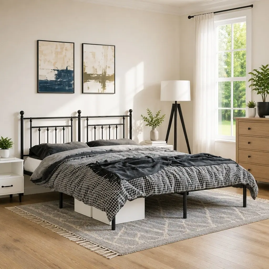 Metal Bed Frame Black 135x190 cm Powder-Coated Steel with Headboard Slatted Base
