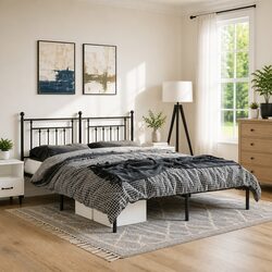 Elegant Black Metal Bed Frame 135x190 cm with Headboard