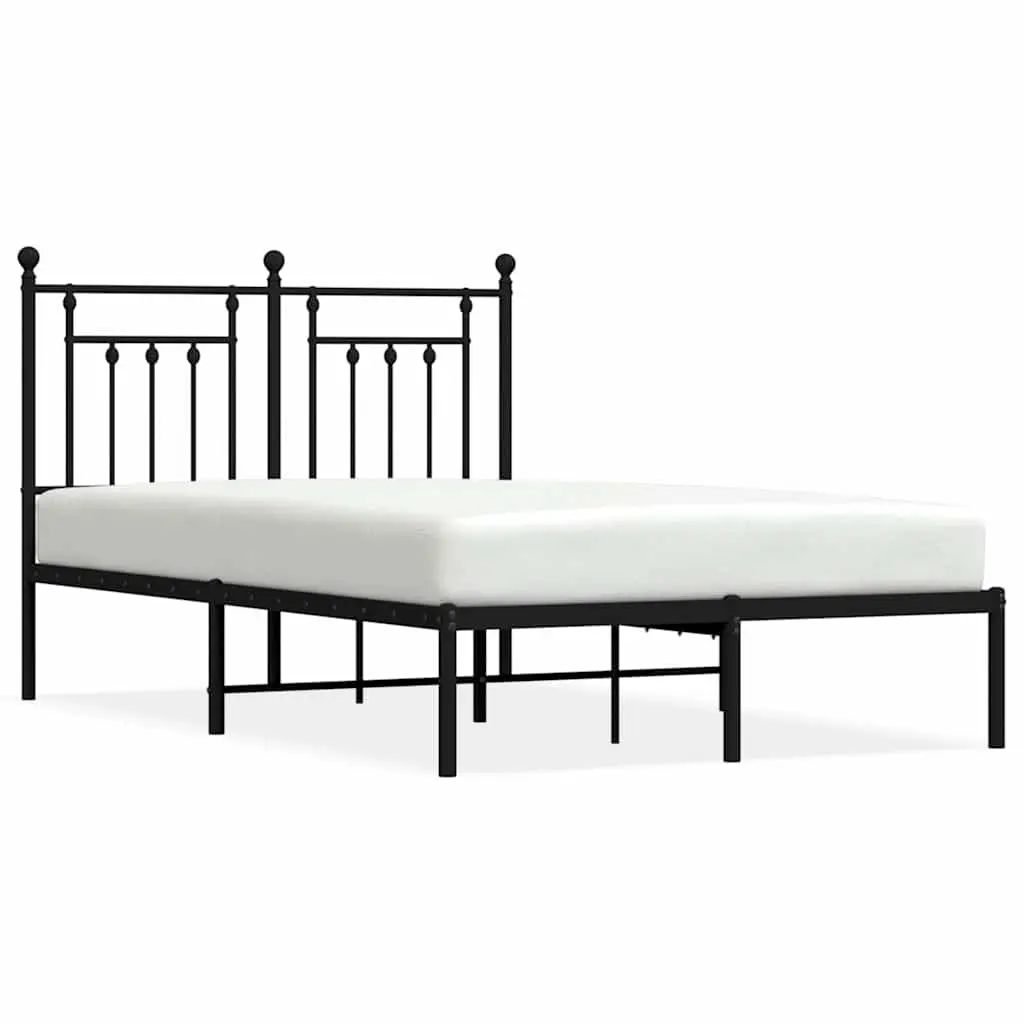 Metal Bed Frame Black 135x190 cm Powder-Coated Steel with Headboard Slatted Base