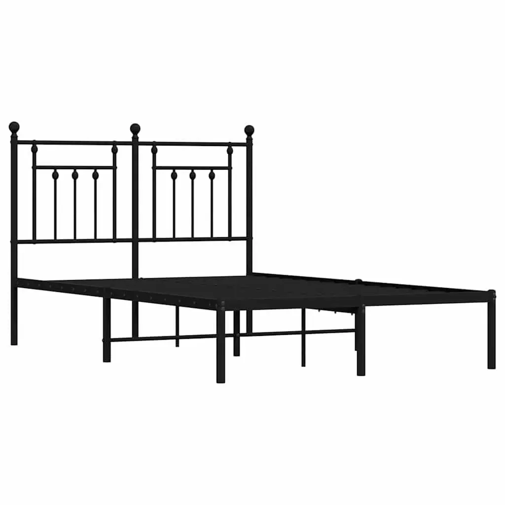Metal Bed Frame Black 135x190 cm Powder-Coated Steel with Headboard Slatted Base