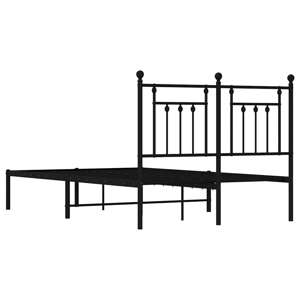 Metal Bed Frame Black 135x190 cm Powder-Coated Steel with Headboard Slatted Base
