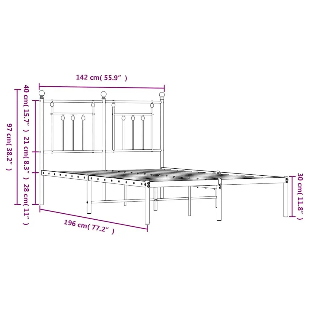 Metal Bed Frame Black 135x190 cm Powder-Coated Steel with Headboard Slatted Base