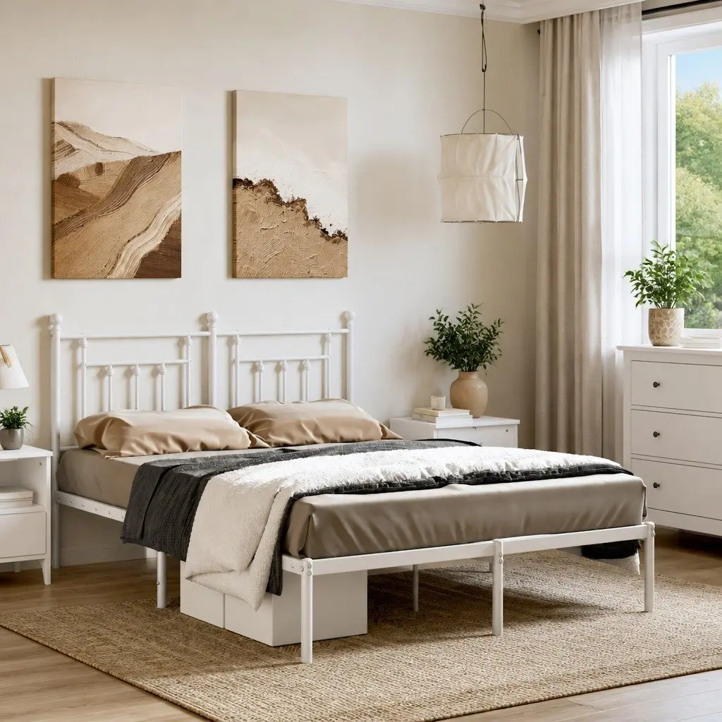 White Metal Bed Frame with Headboard 150x200 cm