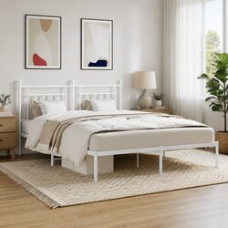 King Size Metal Bed Frame with Headboard and Storage in White