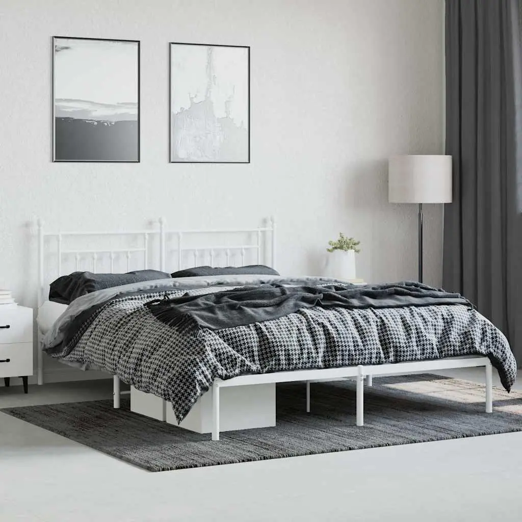 Metal Bed Frame King Size White Powder-Coated Steel with Headboard and Under-Bed Storage