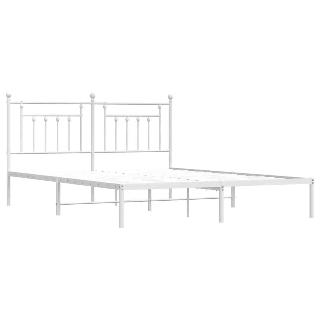 Metal Bed Frame King Size White Powder-Coated Steel with Headboard and Under-Bed Storage