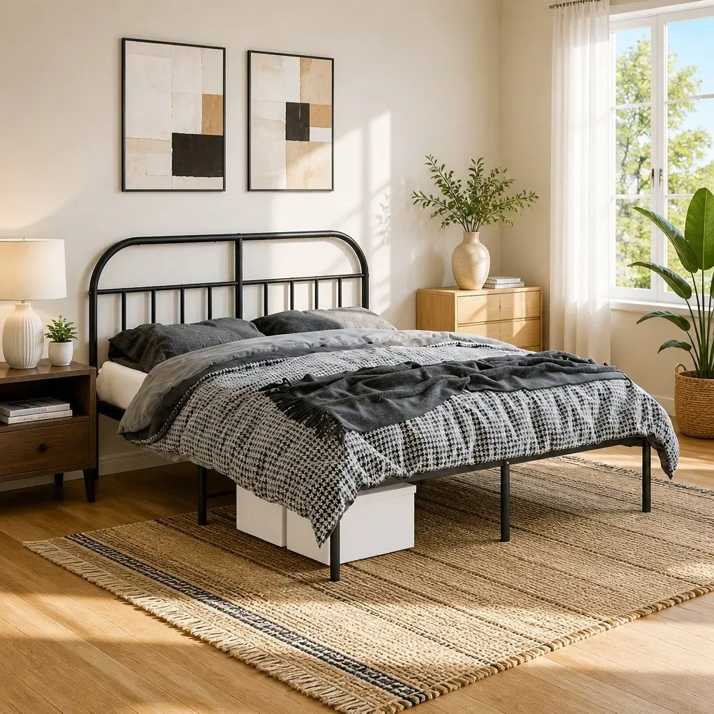 Black Metal Bed Frame 150x200 cm with Headboard
