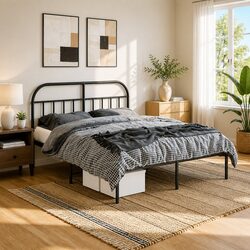 Black Metal Bed Frame 150x200 cm with Headboard