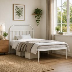 Metal Bed Frame King Single 107x203 cm White Headboard Slatted Base Bedroom