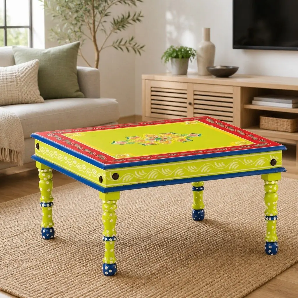 Hand-Painted Green Coffee Table in Solid Mango Wood