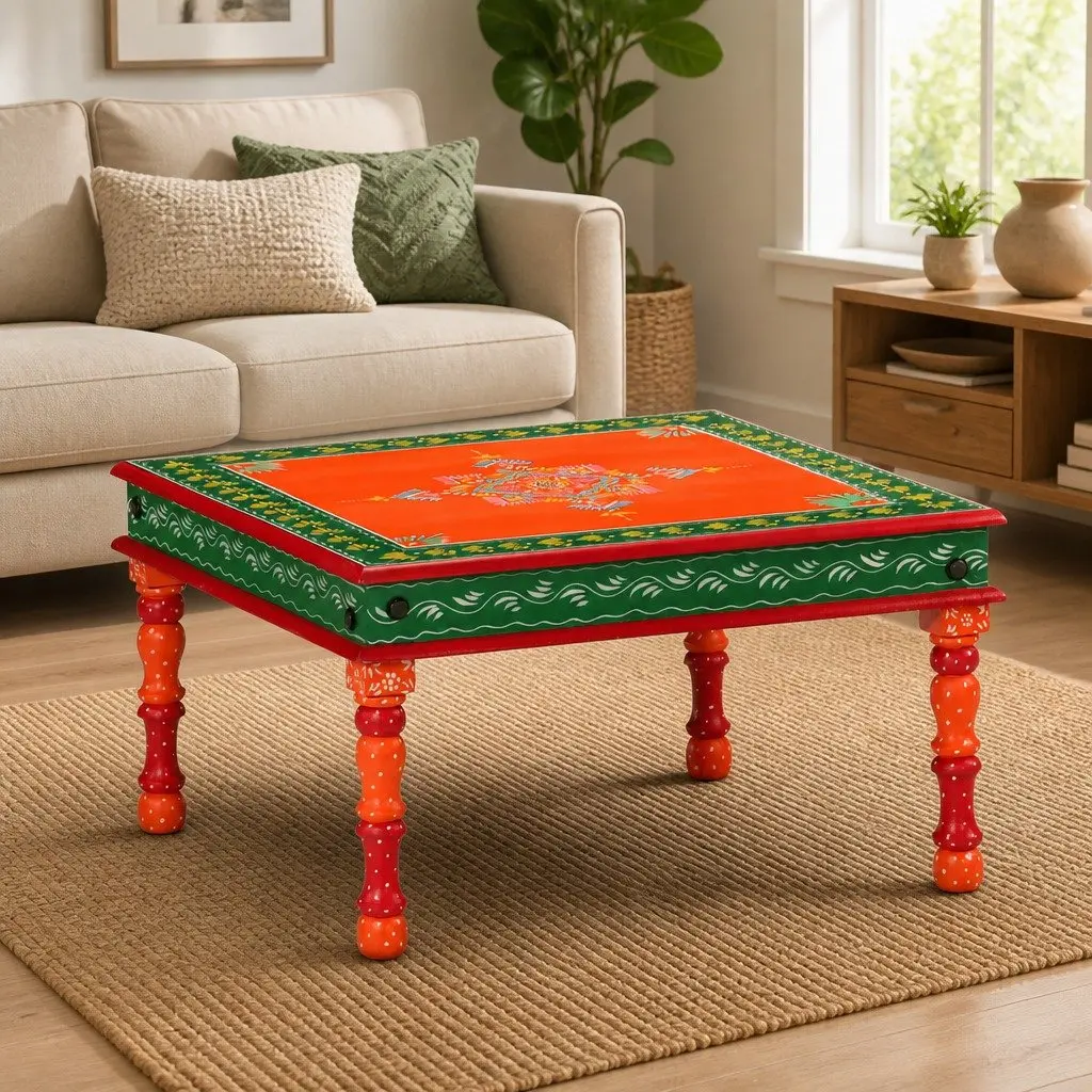 Orange Hand Painted Mango Wood Coffee Table