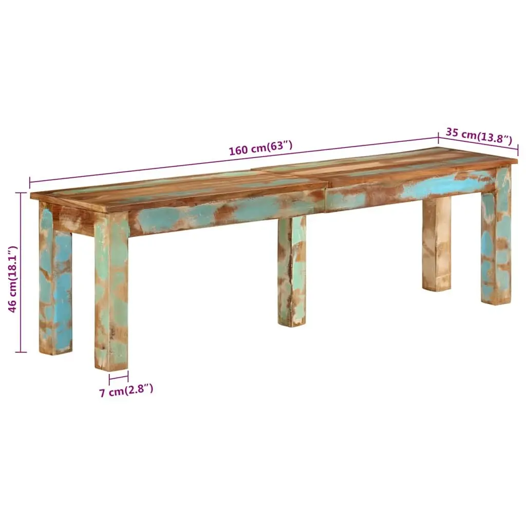 Indoor Bench Solid Reclaimed Wood Brown 160cm Long 35cm Wide 46cm High