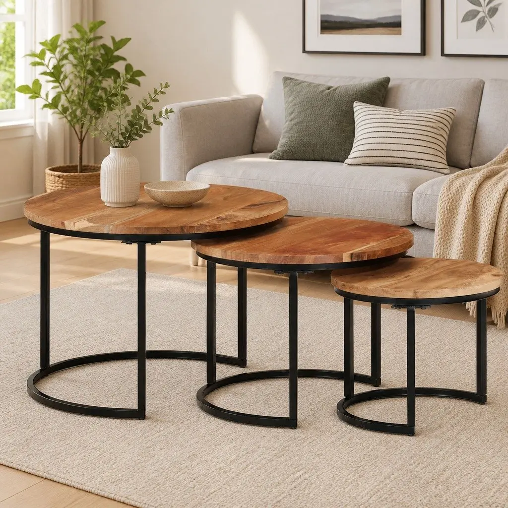3 Piece Nesting Tables Brown Solid Acacia Wood Coffee Side Table Set