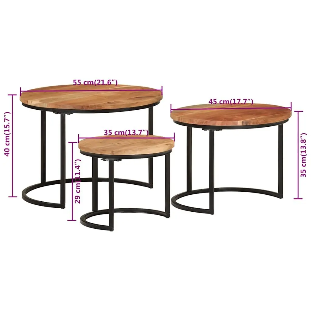 3 Piece Nesting Tables Brown Solid Acacia Wood Coffee Side Table Set