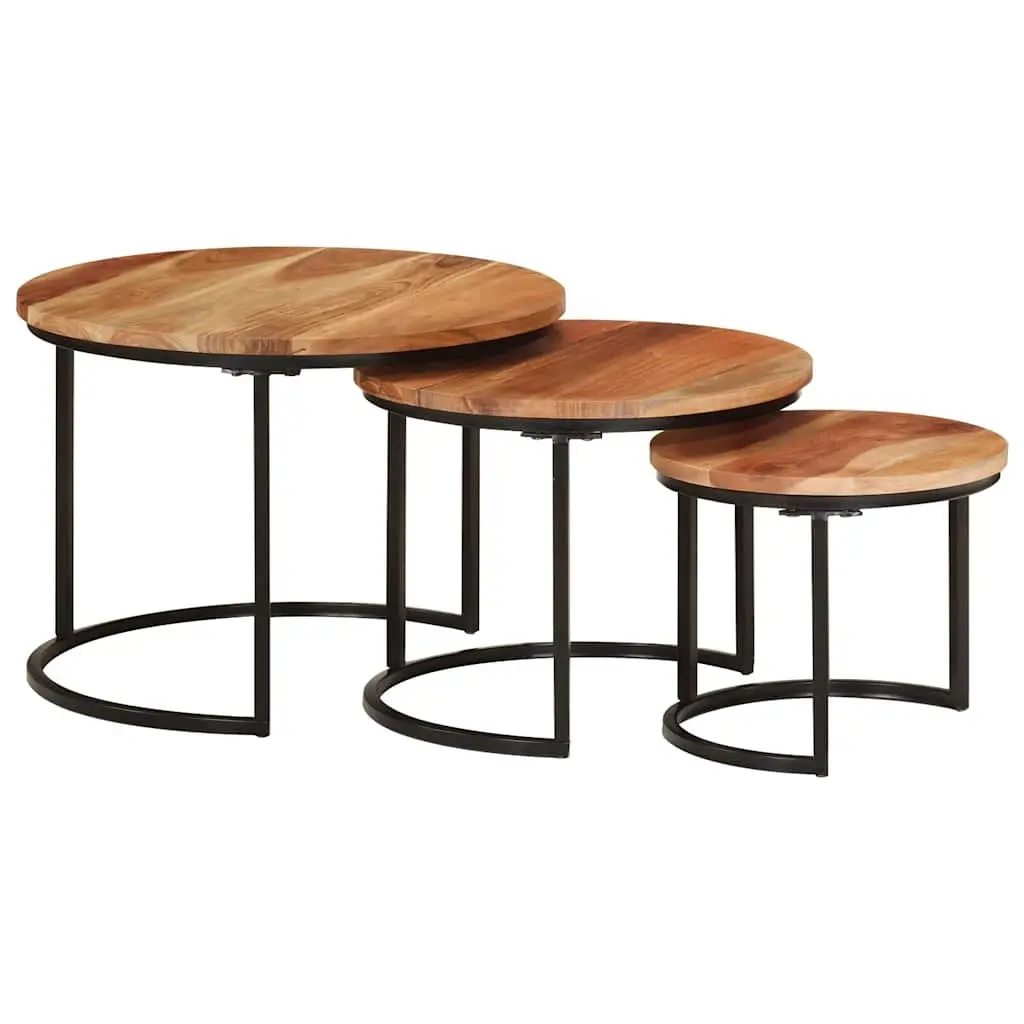 3 Piece Nesting Tables Brown Solid Acacia Wood Coffee Side Table Set