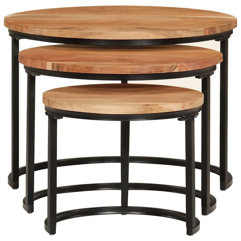 3 Piece Nesting Tables Brown Solid Acacia Wood Coffee Side Table Set