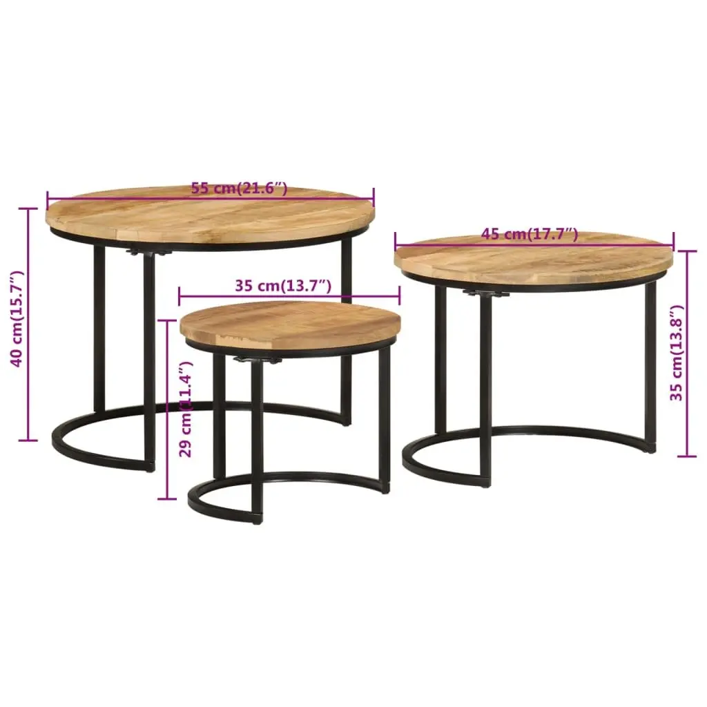 Nesting Tables 3 Piece Set Mango Wood Brown Coffee and Side Table Living Room