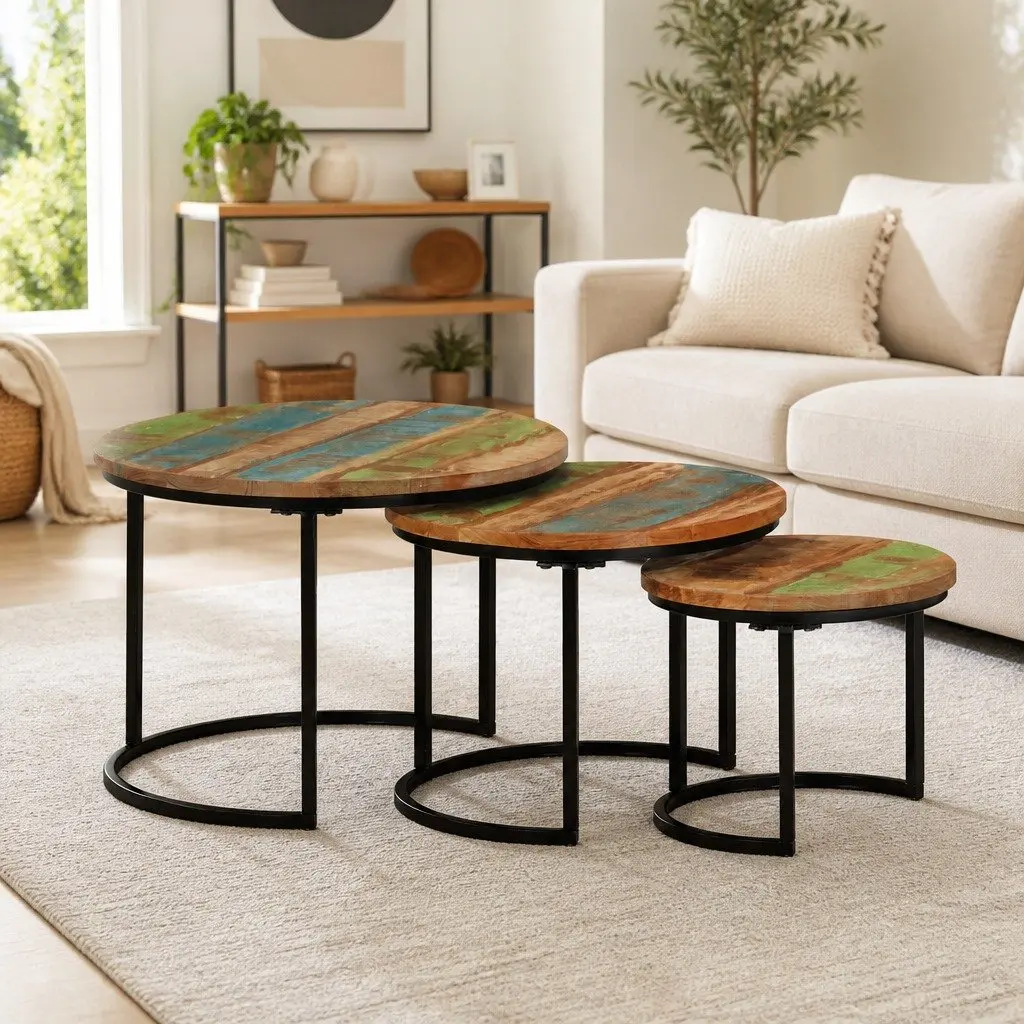 3-Piece Nesting Tables Set in Solid Reclaimed Wood