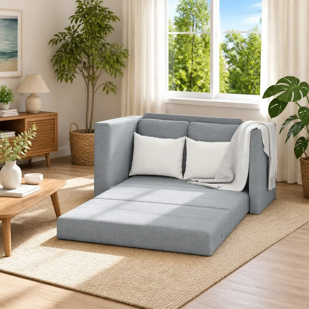 Floor Sofa Bed Convertible Loveseat Double Bed Grey Fabric Folding