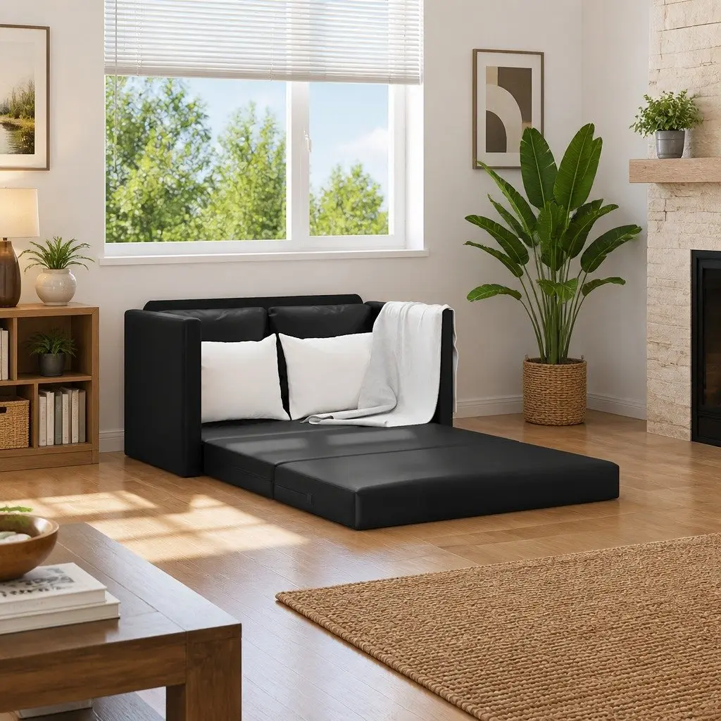 Convertible Loveseat Floor Sofa Bed in Black Faux Leather