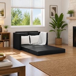 Convertible Loveseat Floor Sofa Bed in Black Faux Leather