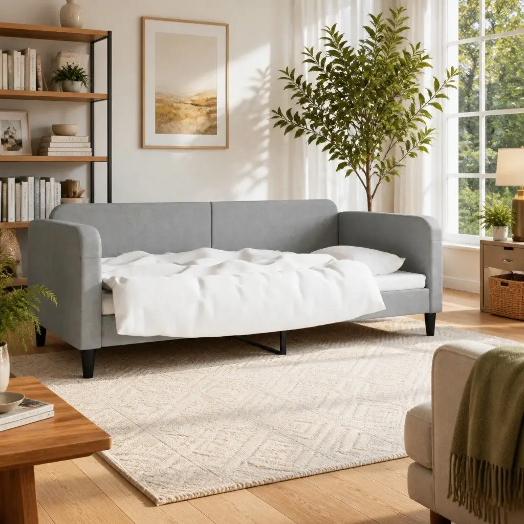 Grey Fabric Day Bed Sofa Bed 90x190 cm for Guests