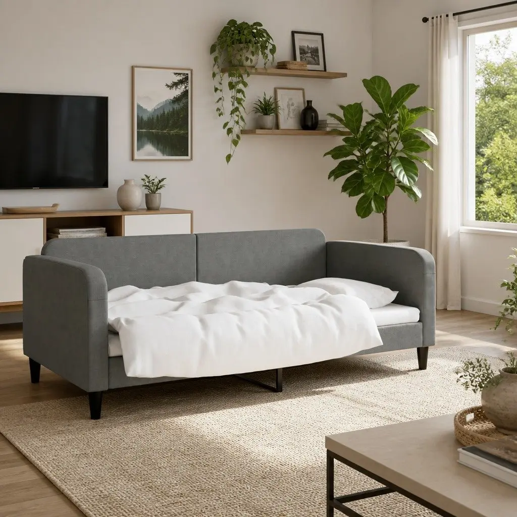 Day Bed Sofa Bed Grey Fabric 90x190 cm Modern Design Guest Bed Frame Slats