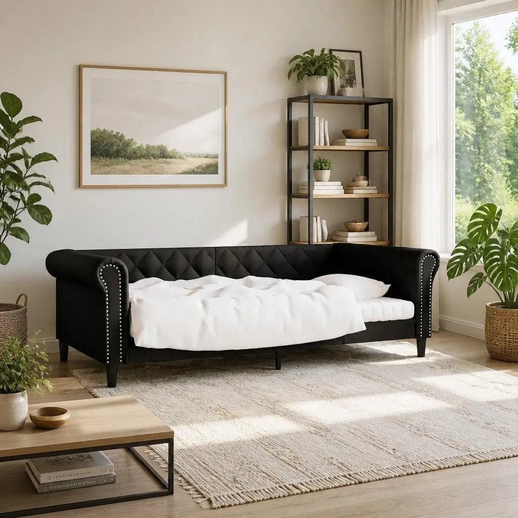 Day Bed Sofa Bed Black Faux Leather 90x190 cm Metal and Solid Wood Frame