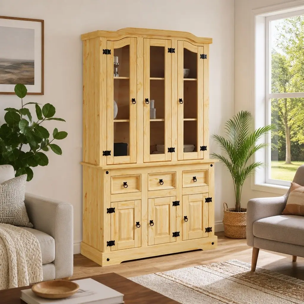 Solid Pine Wood Highboard Storage Cabinet with Brown Finish featuring Shelves Drawers and Doors