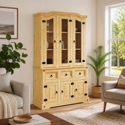 Brown Solid Pine Wood Highboard Storage Cabinet