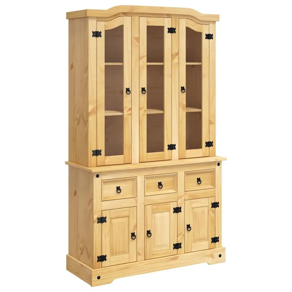 Solid Pine Wood Highboard Storage Cabinet with Brown Finish featuring Shelves Drawers and Doors
