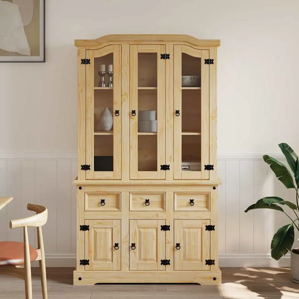 Solid Pine Wood Highboard Storage Cabinet with Brown Finish featuring Shelves Drawers and Doors