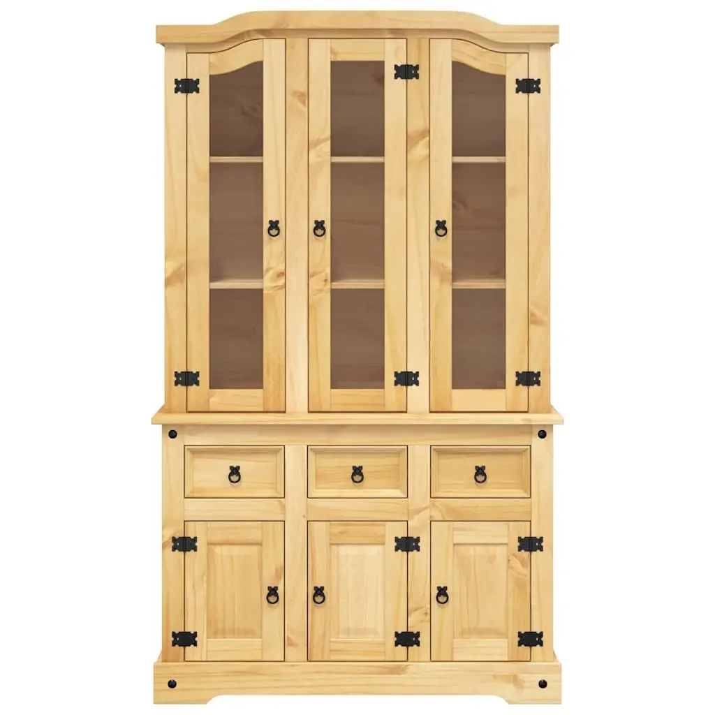 Solid Pine Wood Highboard Storage Cabinet with Brown Finish featuring Shelves Drawers and Doors