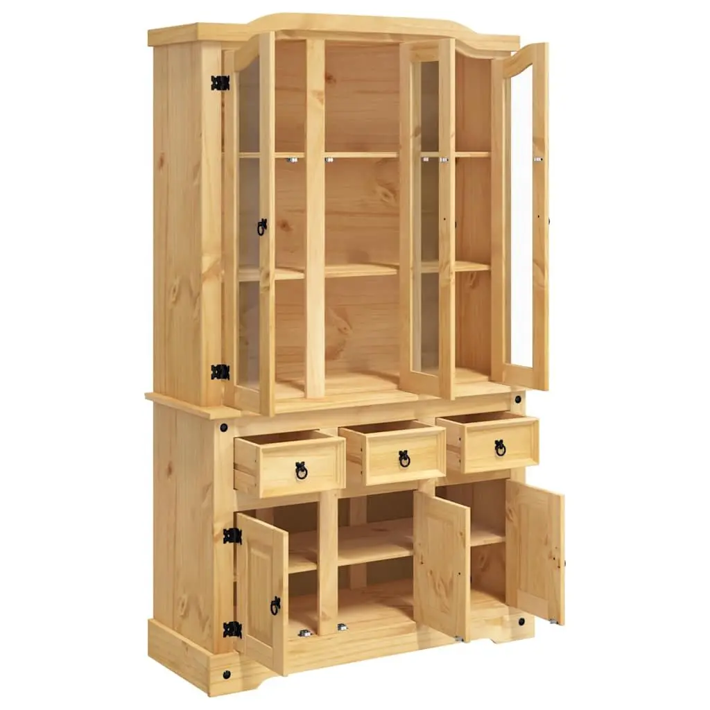 Solid Pine Wood Highboard Storage Cabinet with Brown Finish featuring Shelves Drawers and Doors