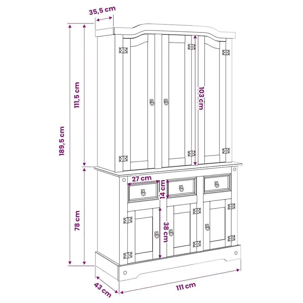 Solid Pine Wood Highboard Storage Cabinet with Brown Finish featuring Shelves Drawers and Doors