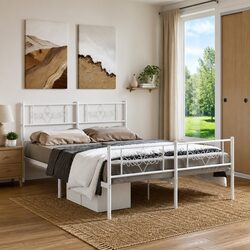 White Metal Bed Frame 135x190 cm with Footboard & Headboard