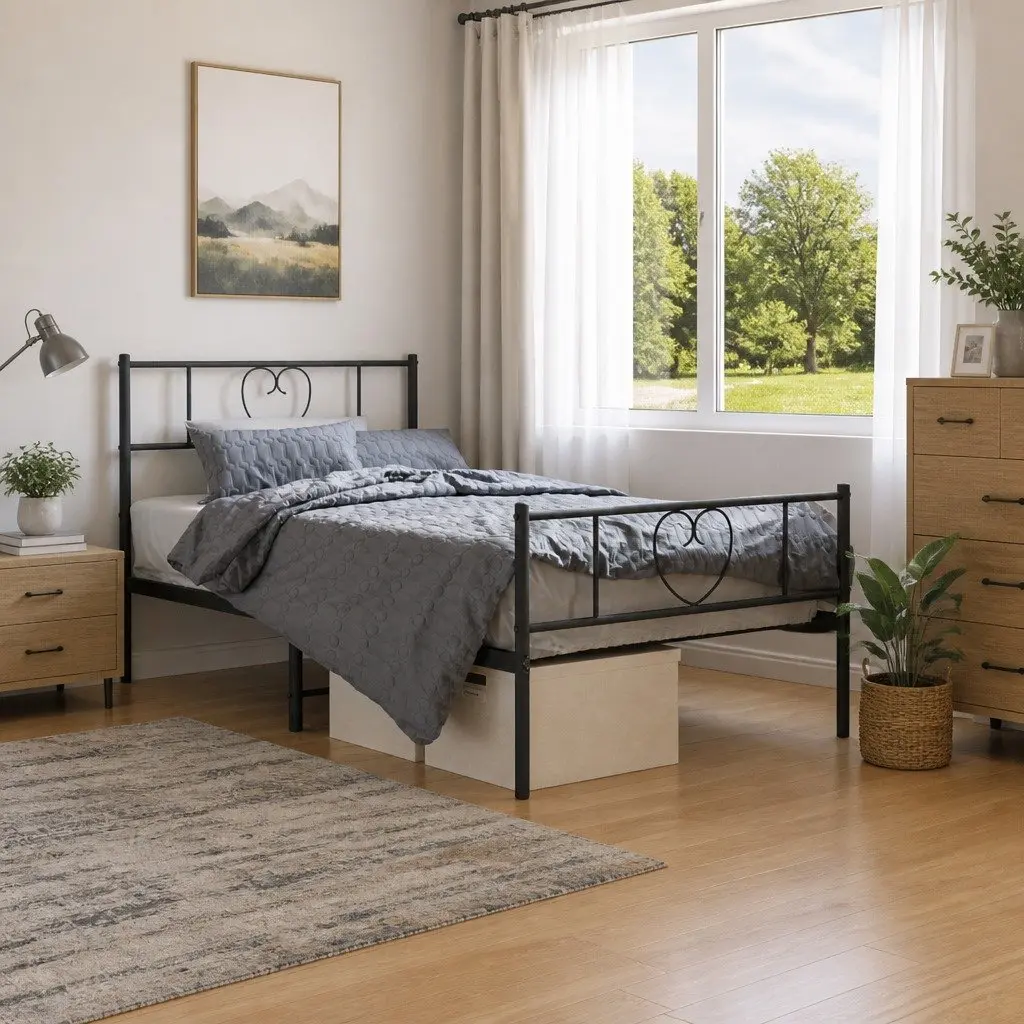 Metal Bed Frame Black 107x203 cm Powder-coated Steel with Headboard and Footboard
