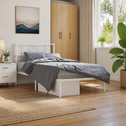 Sturdy White Metal Bed Frame with Headboard - King Single