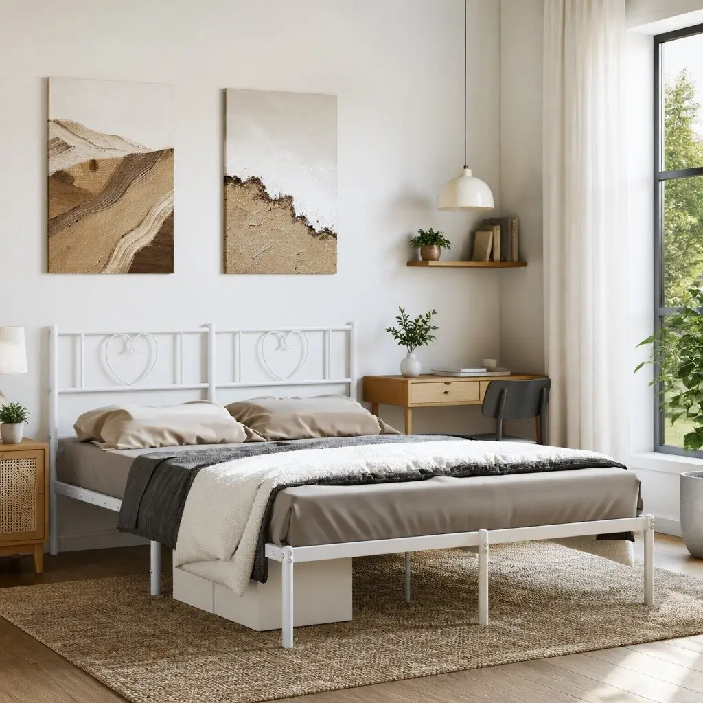 Metal Bed Frame with Headboard White 150x200 cm Powder-coated Steel Slatted