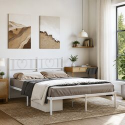 Elegant White Metal Bed Frame with Headboard 150x200 cm