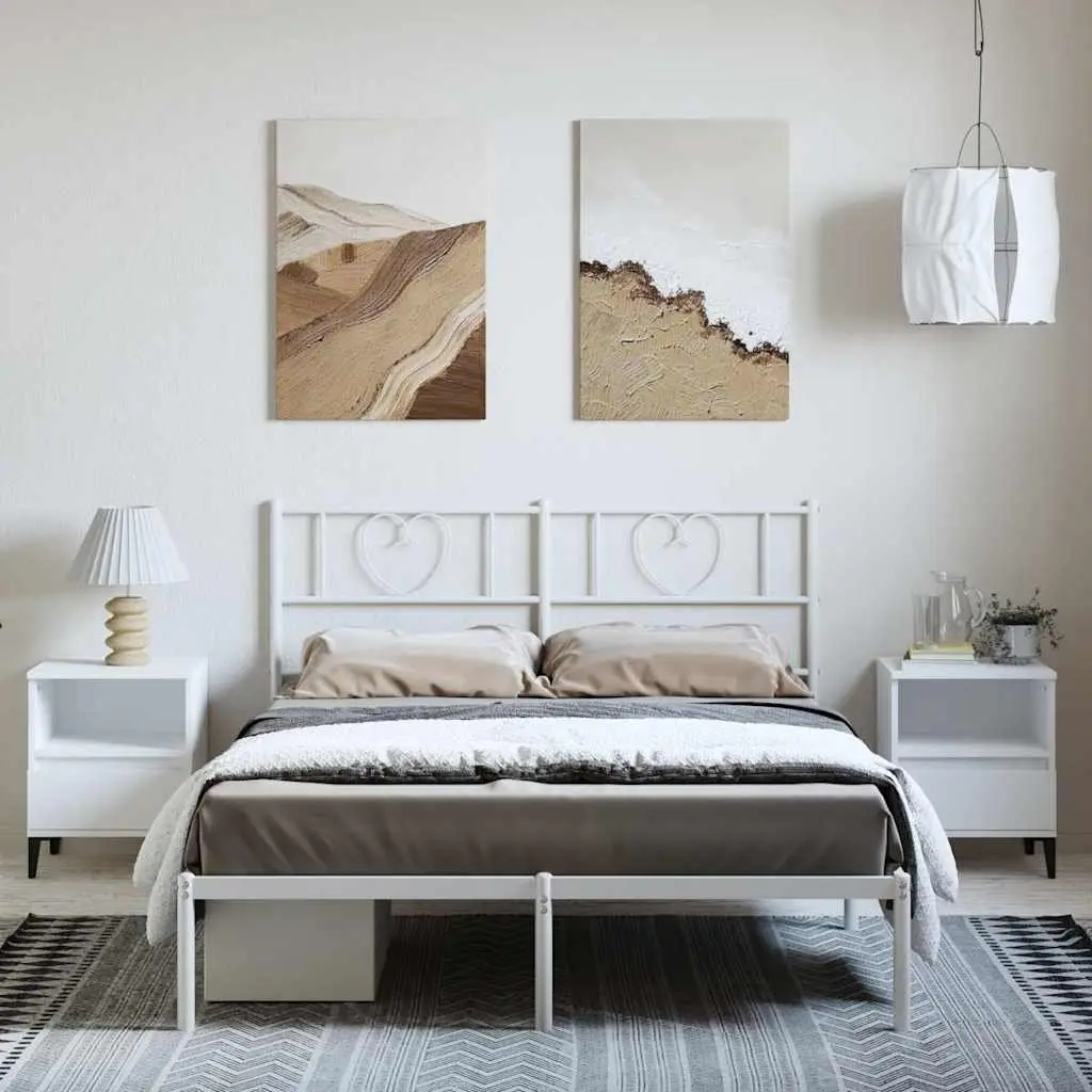 Metal Bed Frame with Headboard White 150x200 cm Powder-coated Steel Slatted