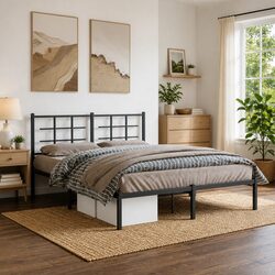 Elegant Black Metal Bed Frame with Headboard 150x200 cm