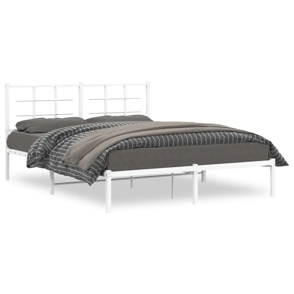 Metal Bed Frame White 150x200 cm Powder-coated Steel with Headboard Slatted Base