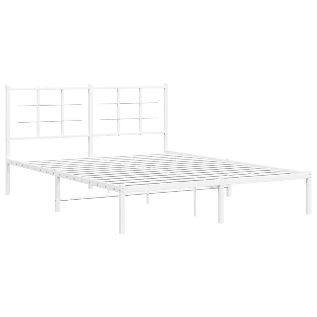 Metal Bed Frame White 150x200 cm Powder-coated Steel with Headboard Slatted Base