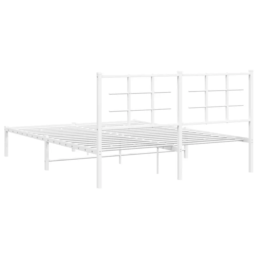 Metal Bed Frame White 150x200 cm Powder-coated Steel with Headboard Slatted Base